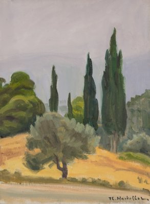 Corinthian Landscape, Olive Trees, Cypresses — Oil painting, Canvas, 30.00×40.00cm — Theodoros Markellos
